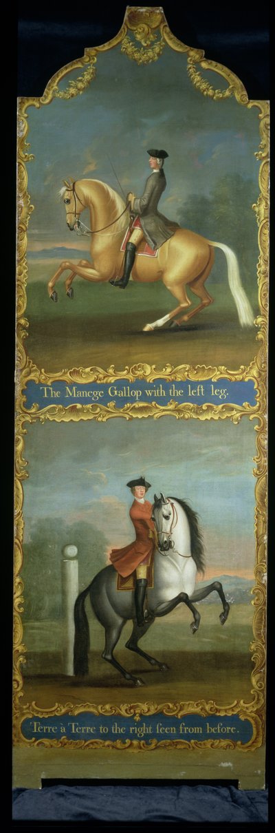 Il galoppo del maneggio o carriera (in alto) e Terre a Terre a destra visto da davanti (in basso), c.1750 da Thomas, of Pall Mall Butler